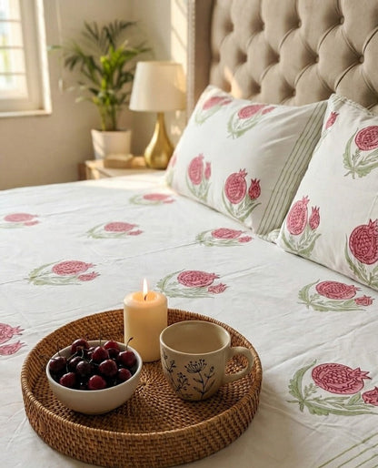 Pink Anaar Baag Handblock Premium Cotton Bedsheet Set