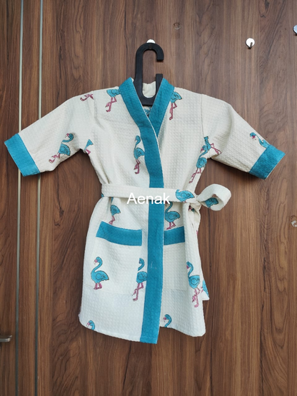 Blue Flamingo Handblock Cotton Bathrobe Set