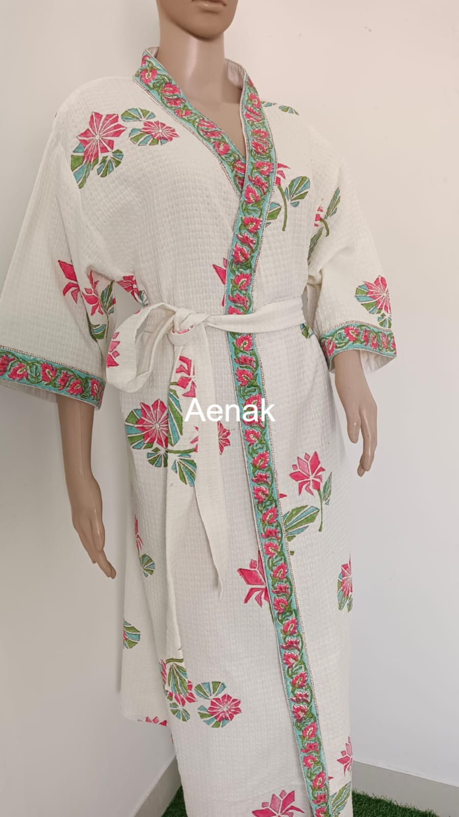 Pink Lotus Handblock Waffle Cotton Bathrobe Set
