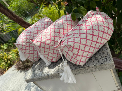 Pink Jaal Quilted Vanity Pouches-Set of 3