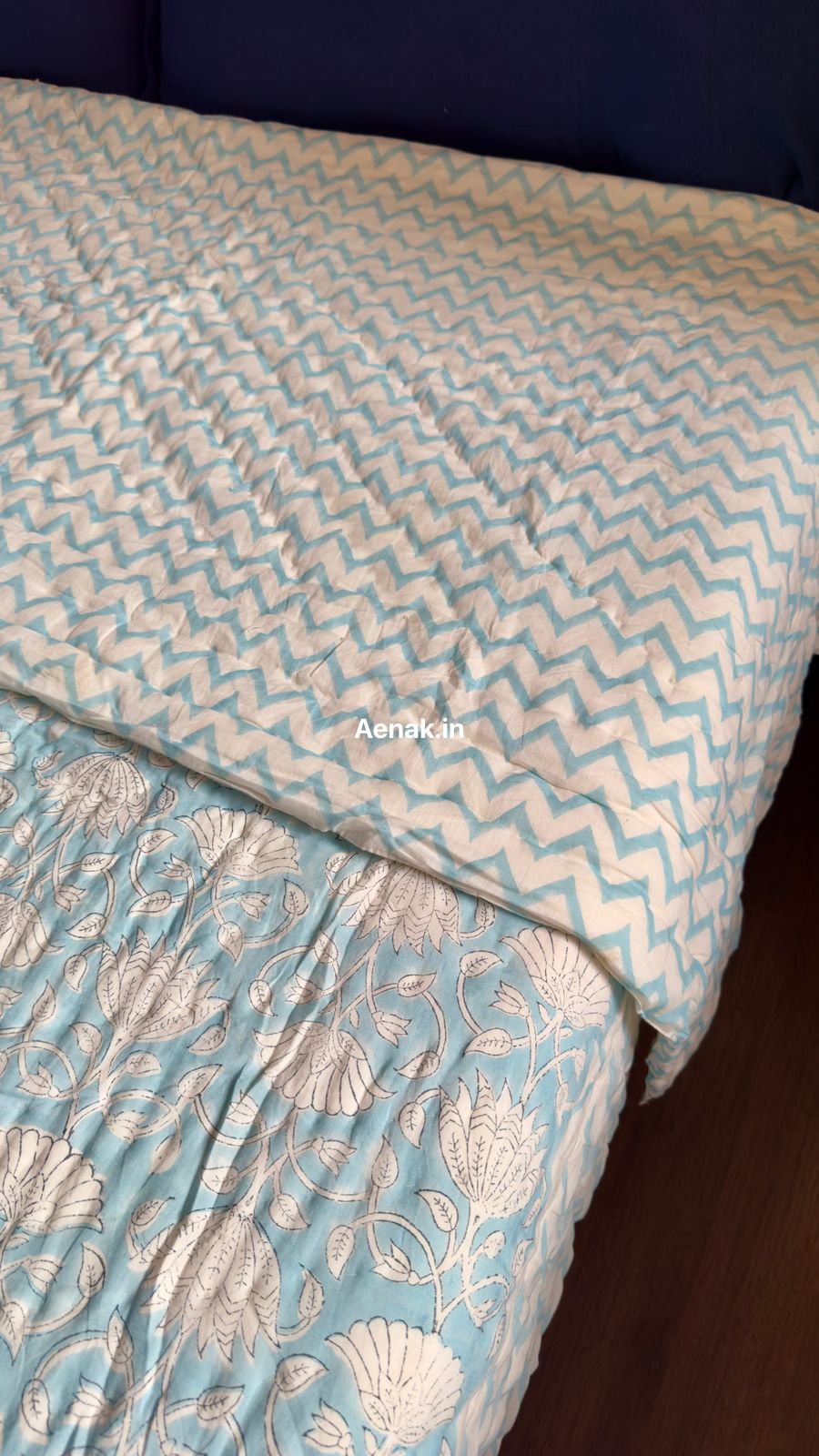 Sky Blue Floral Garden Handblock Reversible Mulmul Cotton Quilt