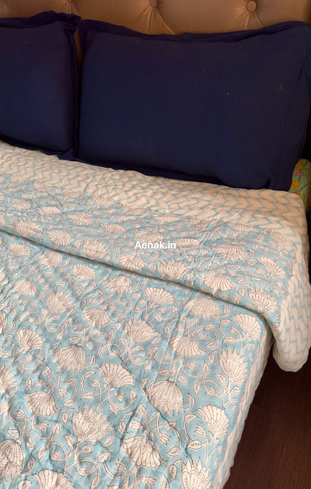 Sky Blue Floral Garden Handblock Reversible Mulmul Cotton Quilt
