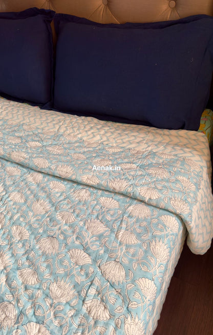 Sky Blue Floral Garden Handblock Reversible Mulmul Cotton Quilt