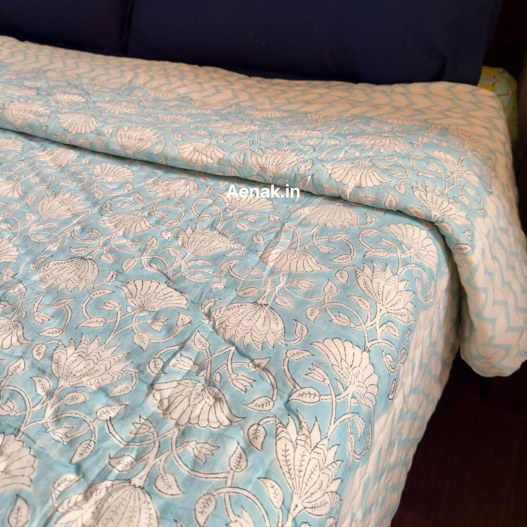 Sky Blue Floral Garden Handblock Reversible Mulmul Cotton Quilt
