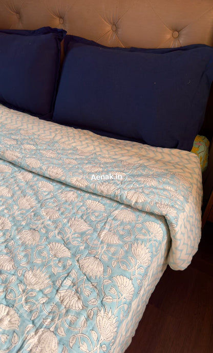 Sky Blue Floral Garden Handblock Reversible Mulmul Cotton Quilt