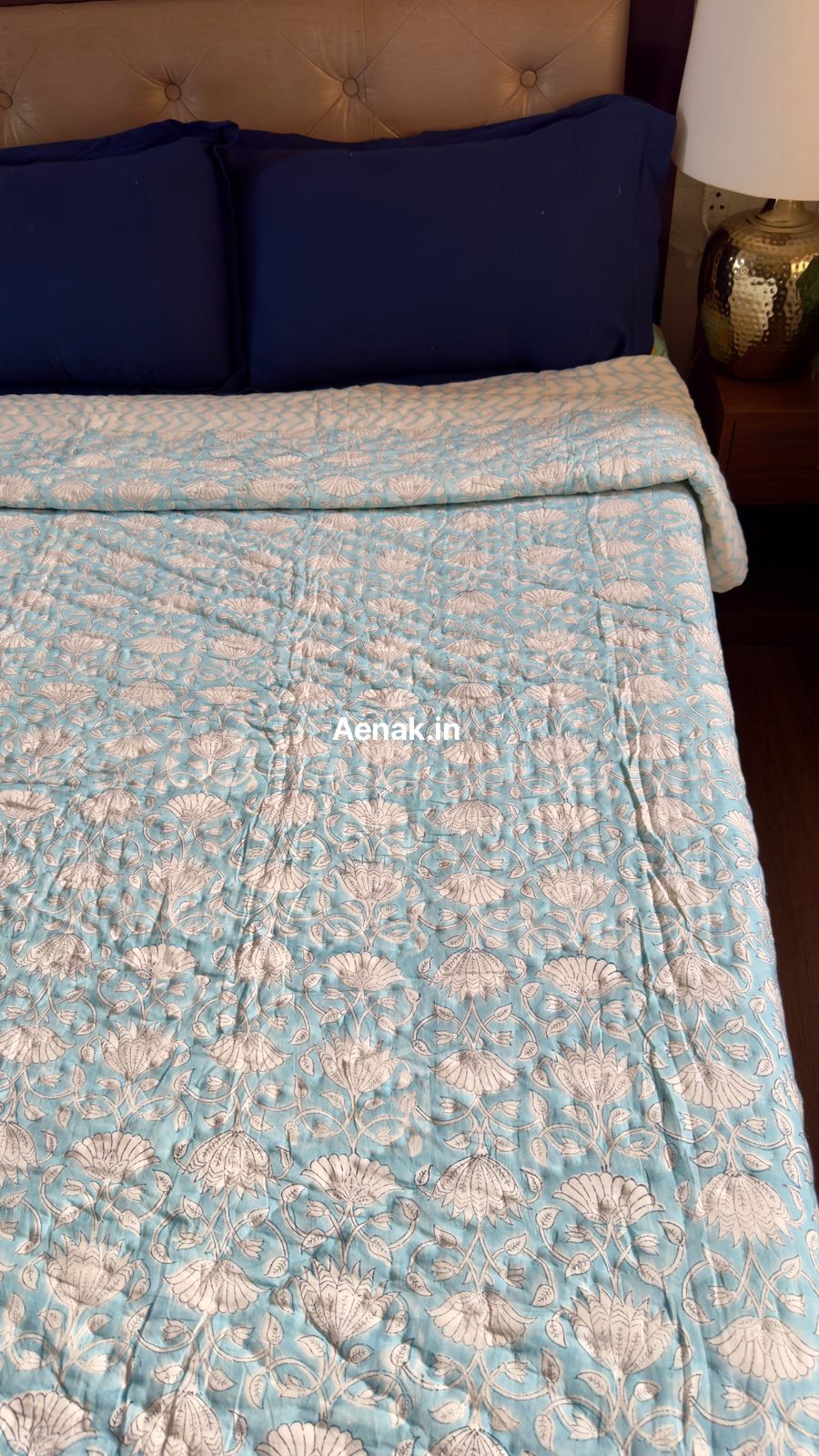 Sky Blue Floral Garden Handblock Reversible Mulmul Cotton Quilt
