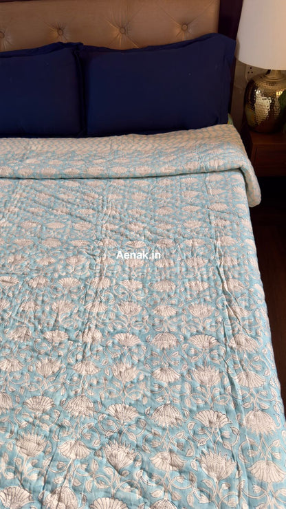 Sky Blue Floral Garden Handblock Reversible Mulmul Cotton Quilt