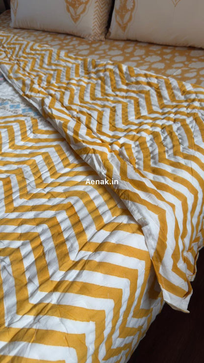 Yellow Chevron Elephant Handblock Reversible Mulmul Cotton Quilt