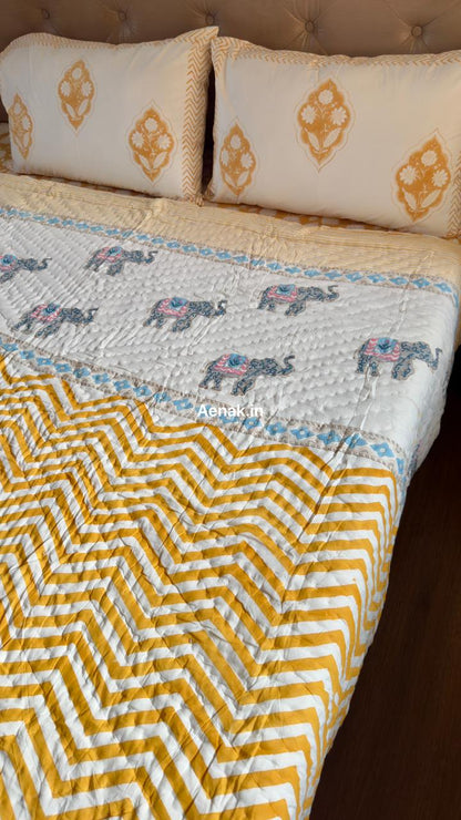 Yellow Chevron Elephant Handblock Reversible Mulmul Cotton Quilt