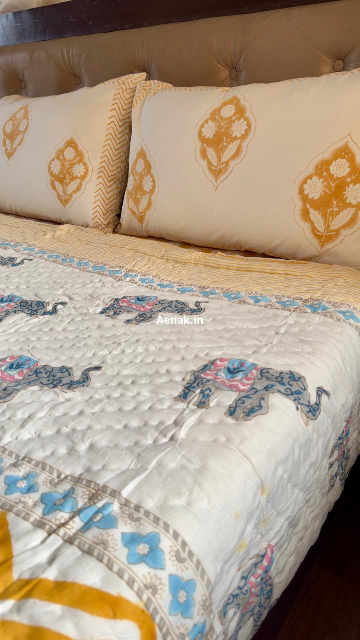 Yellow Chevron Elephant Handblock Reversible Mulmul Cotton Quilt