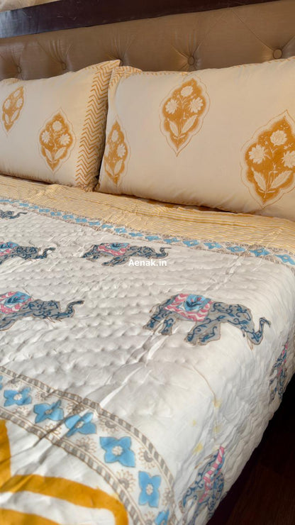 Yellow Chevron Elephant Handblock Reversible Mulmul Cotton Quilt