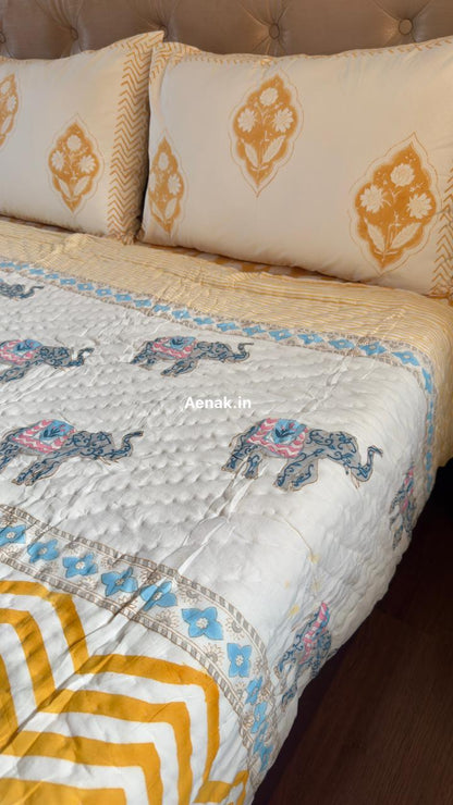 Yellow Chevron Elephant Handblock Reversible Mulmul Cotton Quilt