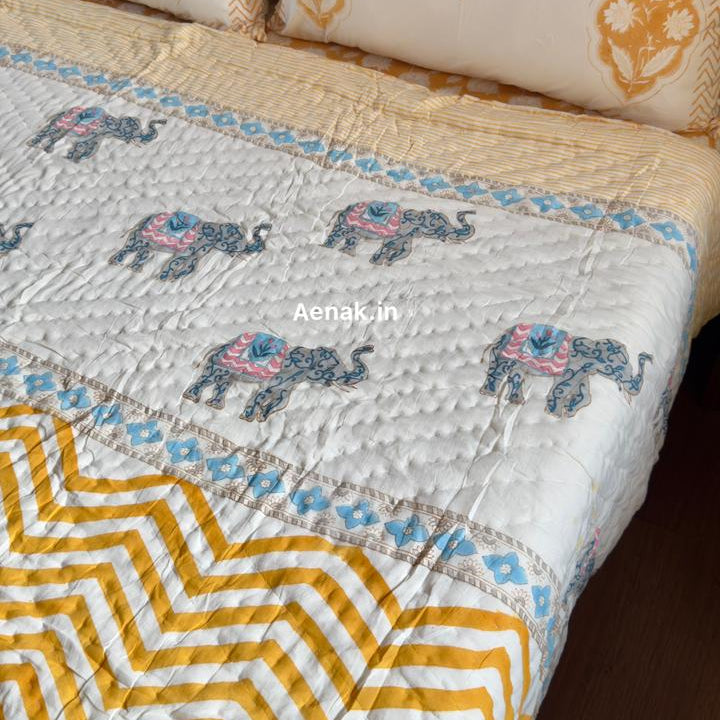 Yellow Chevron Elephant Handblock Reversible Mulmul Cotton Quilt