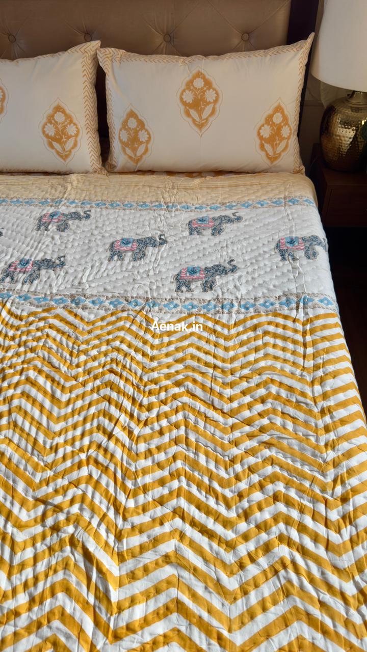 Yellow Chevron Elephant Handblock Reversible Mulmul Cotton Quilt