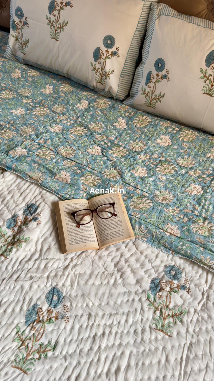 Blue Marigold Handblock Bedsheet + Quilt Combo Set