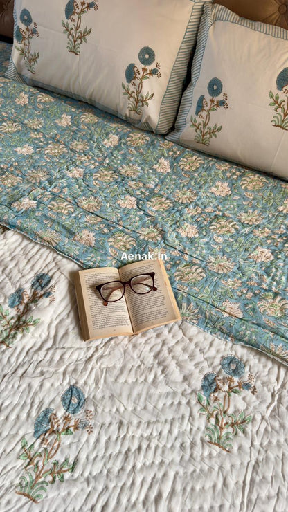 Blue Marigold Handblock Bedsheet + Quilt Combo Set