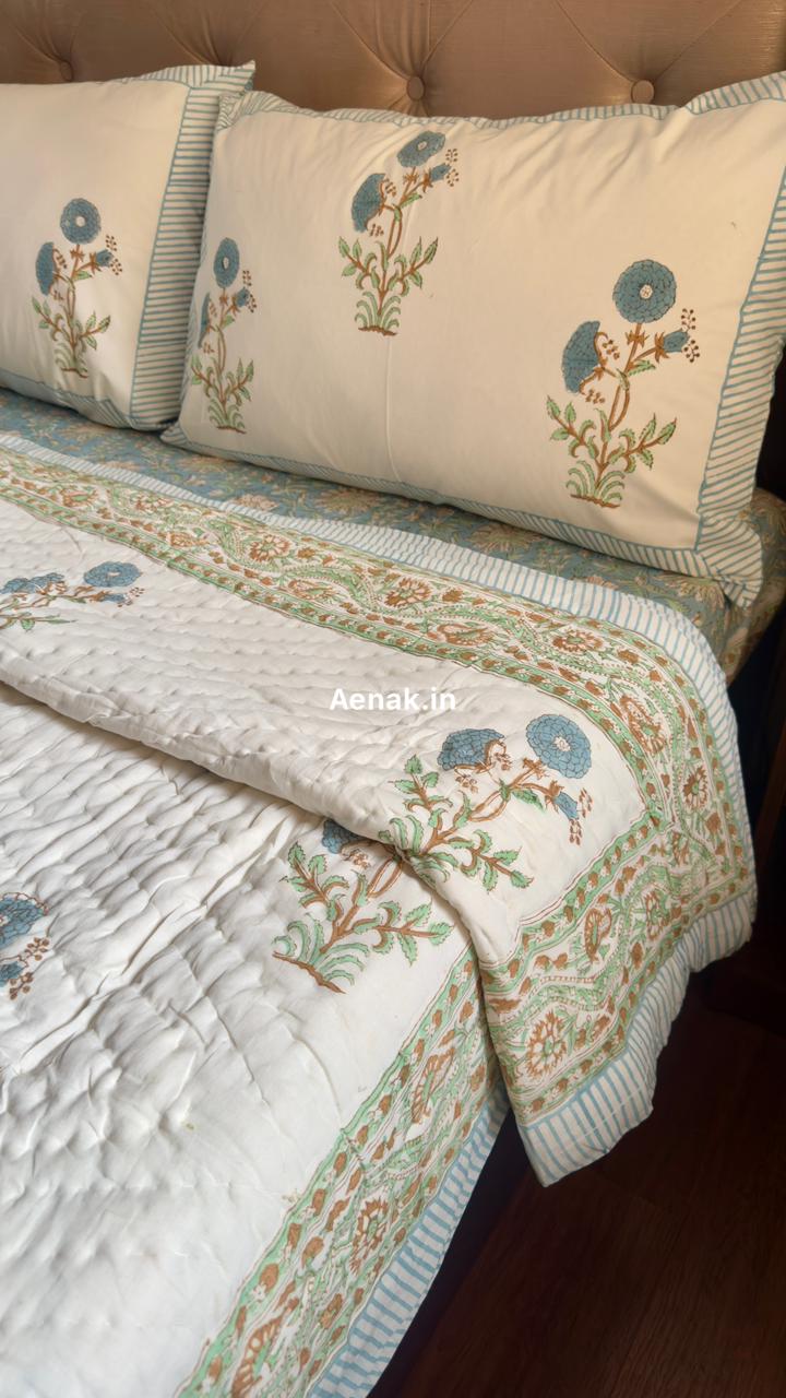 Blue Marigold Handblock Bedsheet + Quilt Combo Set