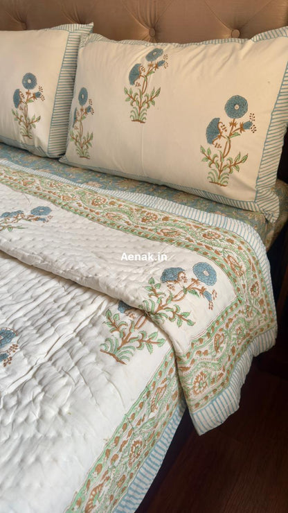 Blue Marigold Handblock Bedsheet + Quilt Combo Set
