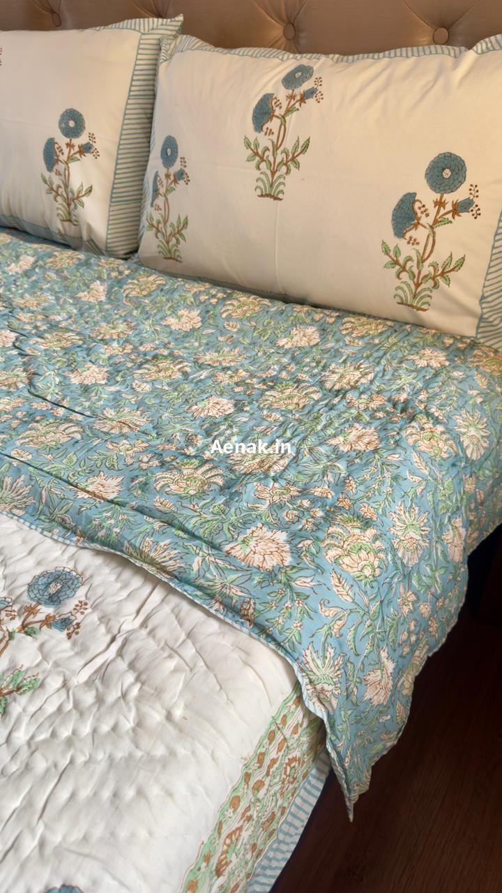 Blue Marigold Handblock Bedsheet + Quilt Combo Set