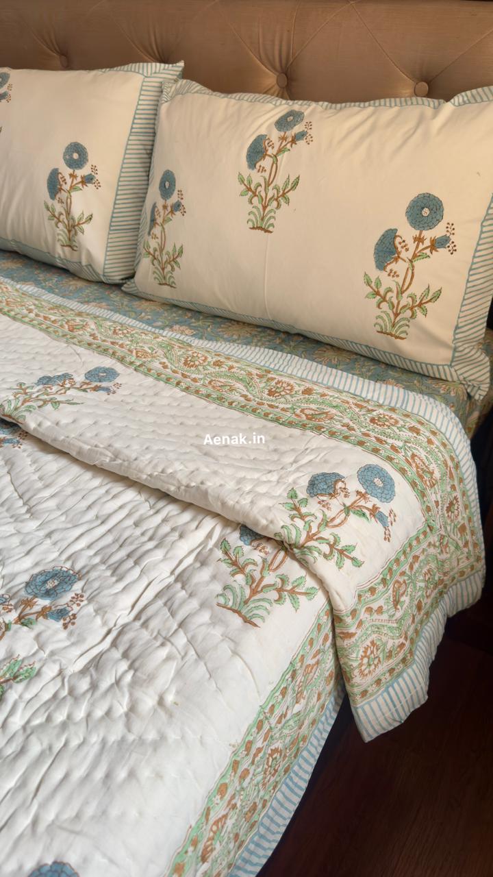 Blue Marigold Handblock Reversible Mulmul Cotton Quilt