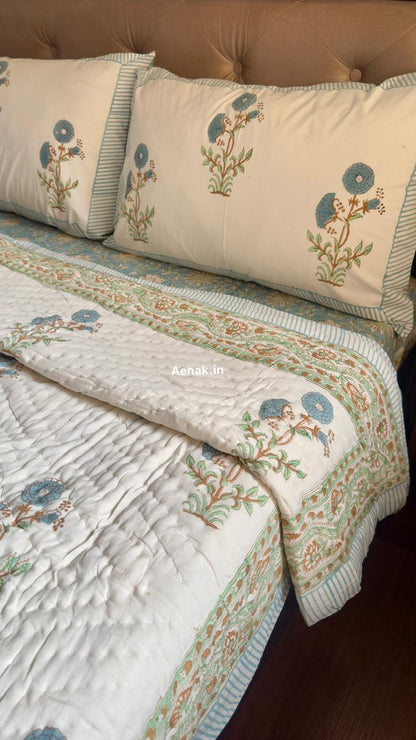 Blue Marigold Handblock Reversible Mulmul Cotton Quilt