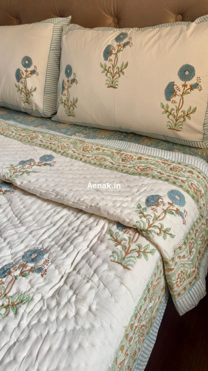 Blue Marigold Handblock Reversible Mulmul Cotton Quilt