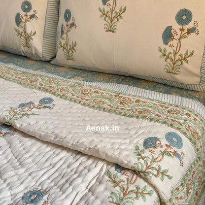 Blue Marigold Handblock Bedsheet + Quilt Combo Set