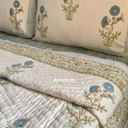 Blue Marigold Handblock Bedsheet + Quilt Combo Set