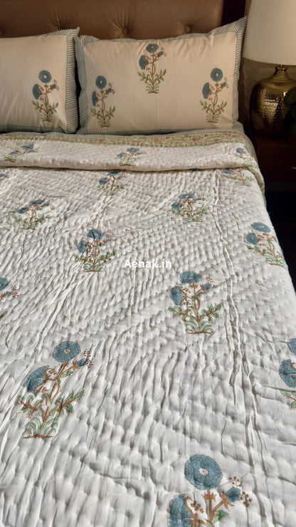Blue Marigold Handblock Bedsheet + Quilt Combo Set