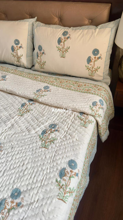 Blue Marigold Handblock Bedsheet + Quilt Combo Set