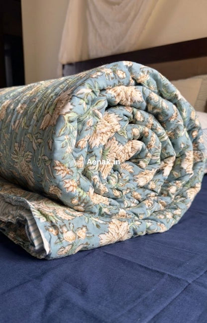 Blue Marigold Handblock Reversible Mulmul Cotton Quilt