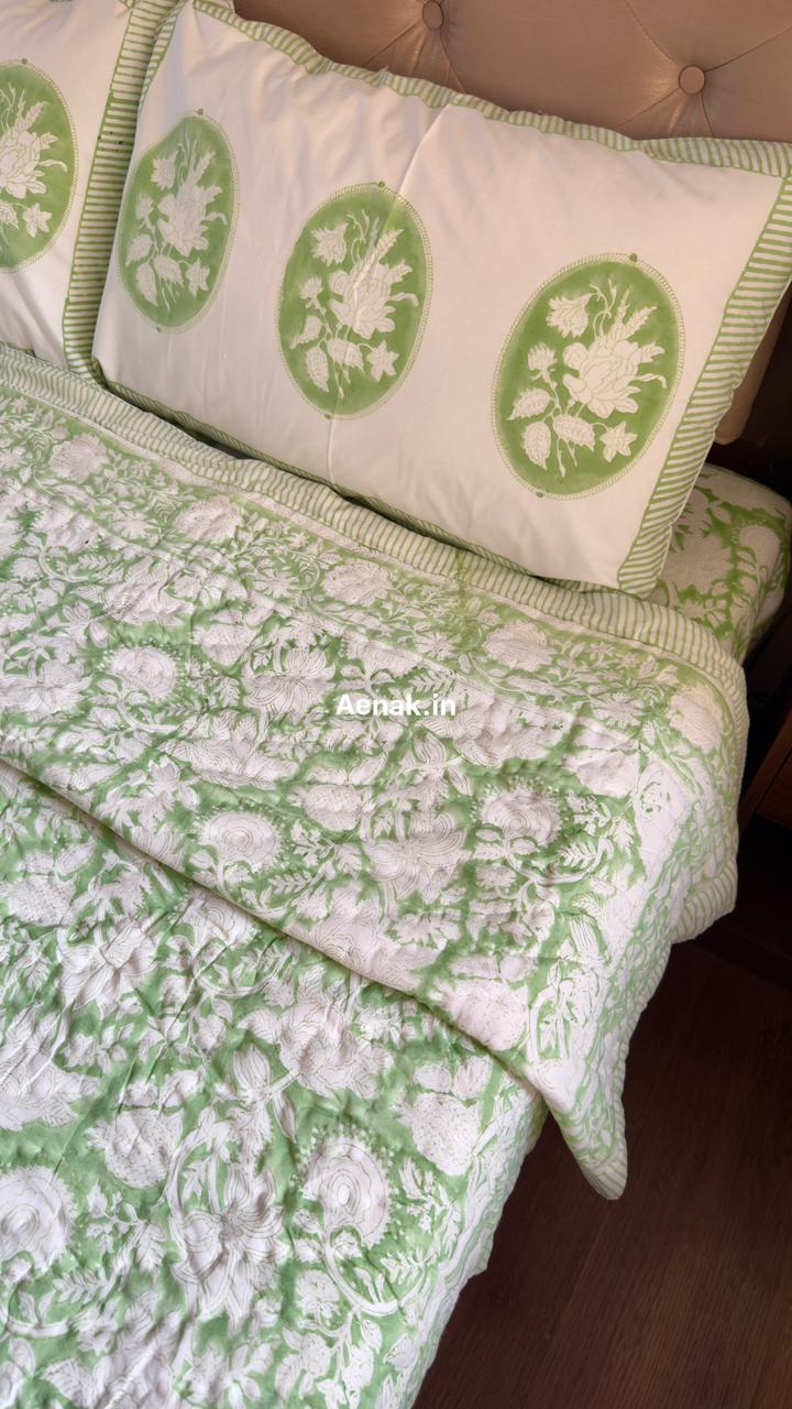 Green Garden Handblock Reversible Mulmul Cotton Quilt
