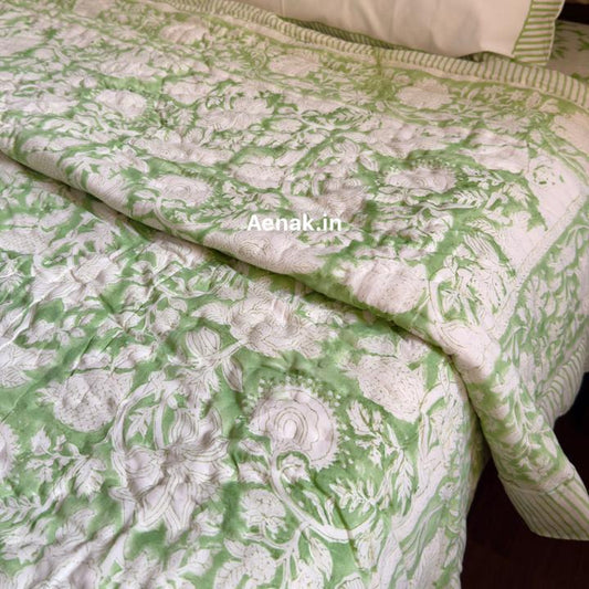 Green Garden Handblock Reversible Mulmul Cotton Quilt