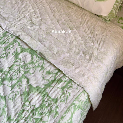 Green Garden Handblock Reversible Mulmul Cotton Quilt