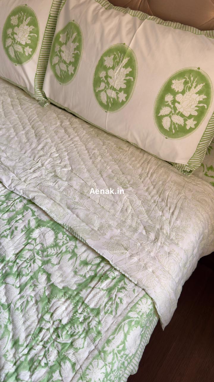 Green Garden Handblock Bedsheet + Quilt Combo Set