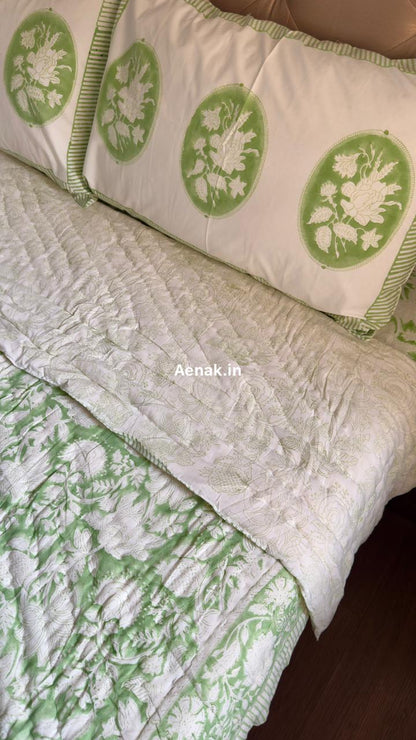 Green Garden Handblock Bedsheet + Quilt Combo Set