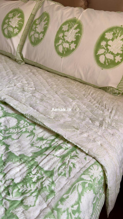 Green Garden Handblock Reversible Mulmul Cotton Quilt
