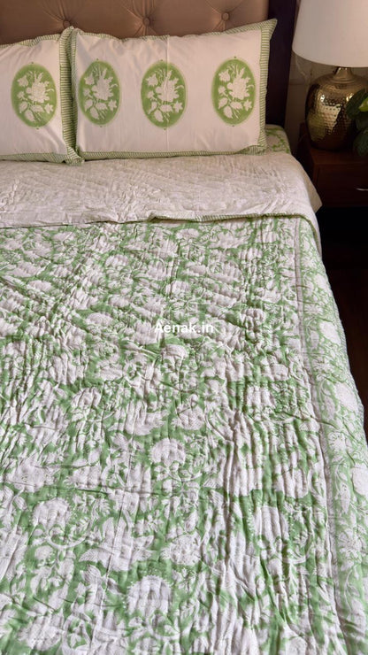 Green Garden Handblock Reversible Mulmul Cotton Quilt