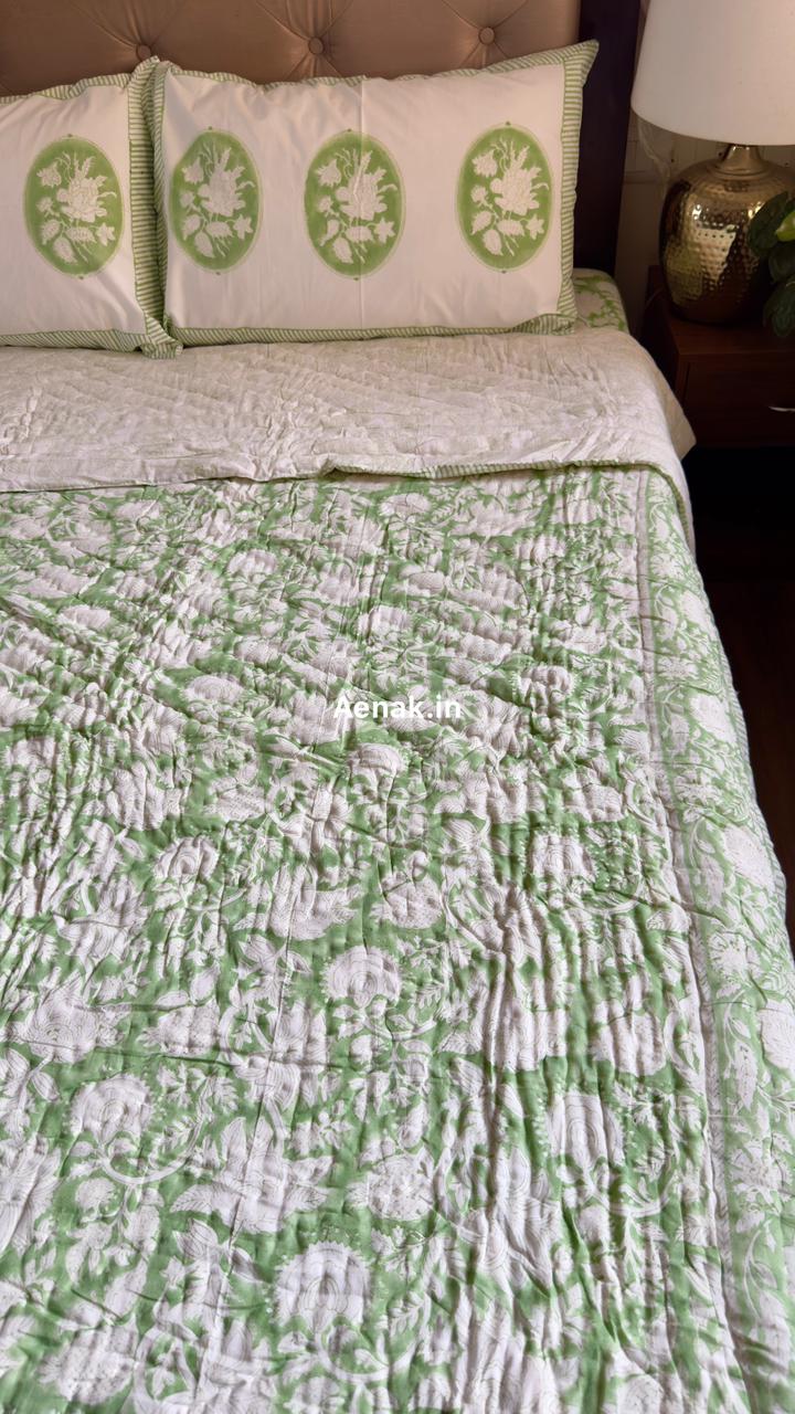 Green Garden Handblock Bedsheet + Quilt Combo Set