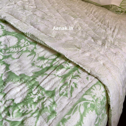 Green Garden Handblock Bedsheet + Quilt Combo Set