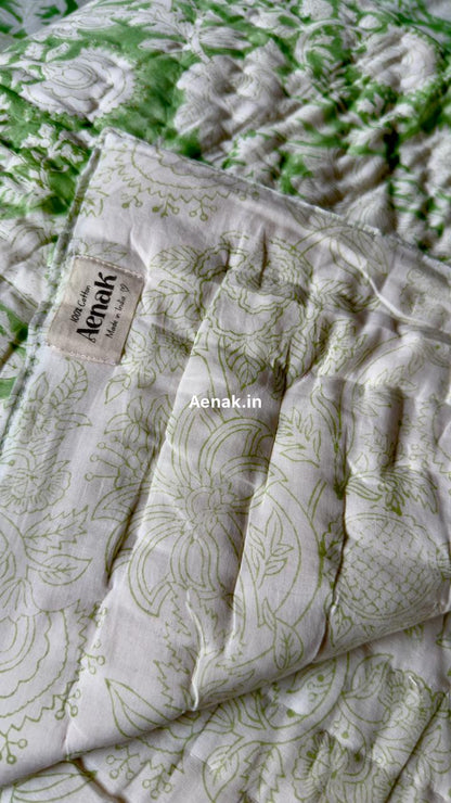 Green Garden Handblock Bedsheet + Quilt Combo Set
