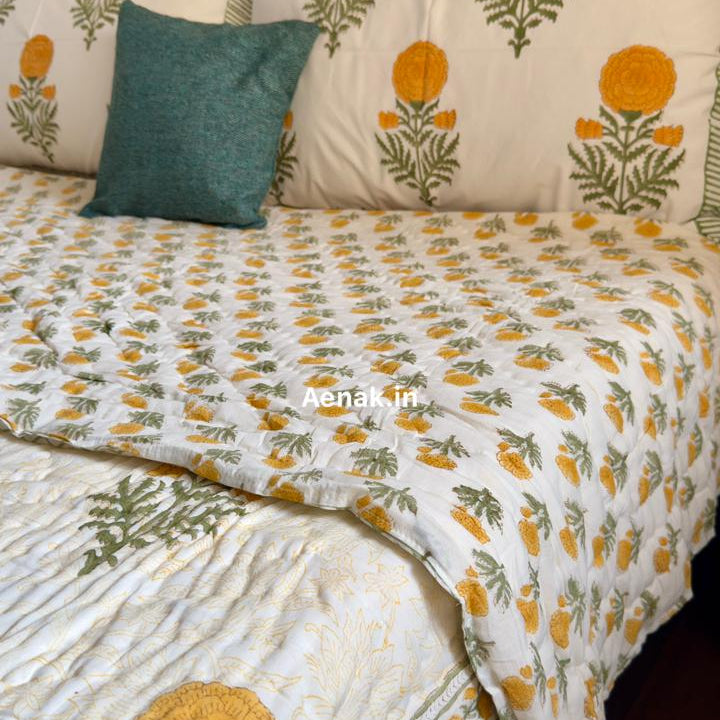 Yellow Marigold Paani Jaal Handblock Reversible Mulmul Cotton Quilt