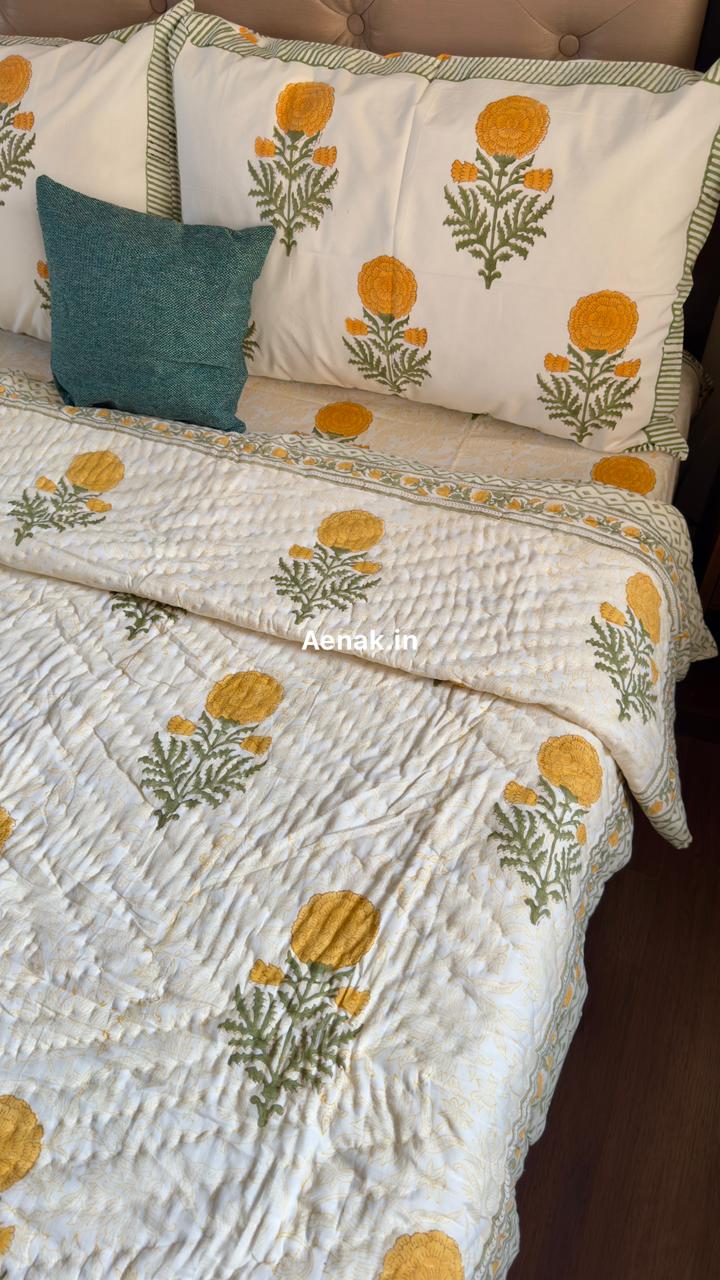 Yellow Marigold Paani Jaal Handblock Reversible Mulmul Cotton Quilt