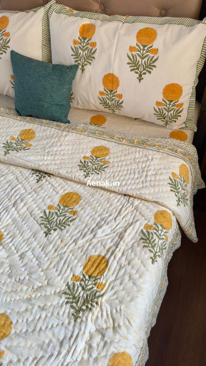 Yellow Marigold Paani Jaal Handblock Reversible Mulmul Cotton Quilt