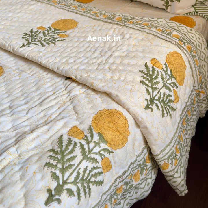 Yellow Marigold Paani Jaal Handblock Bedsheet + Quilt Combo Set