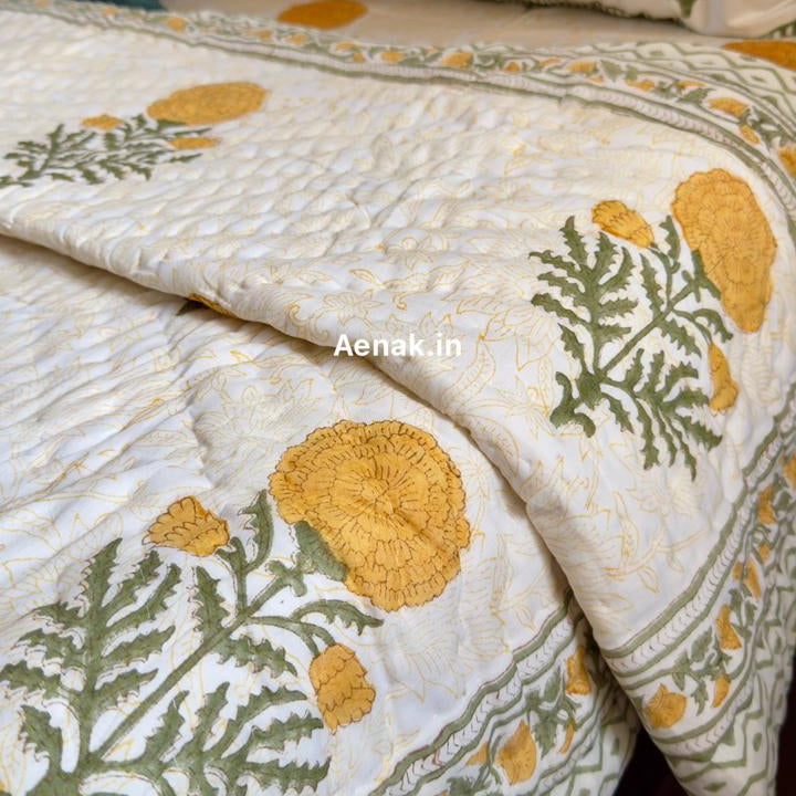 Yellow Marigold Paani Jaal Handblock Reversible Mulmul Cotton Quilt