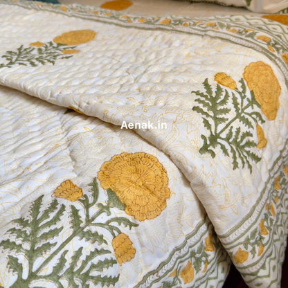 Yellow Marigold Paani Jaal Handblock Reversible Mulmul Cotton Quilt