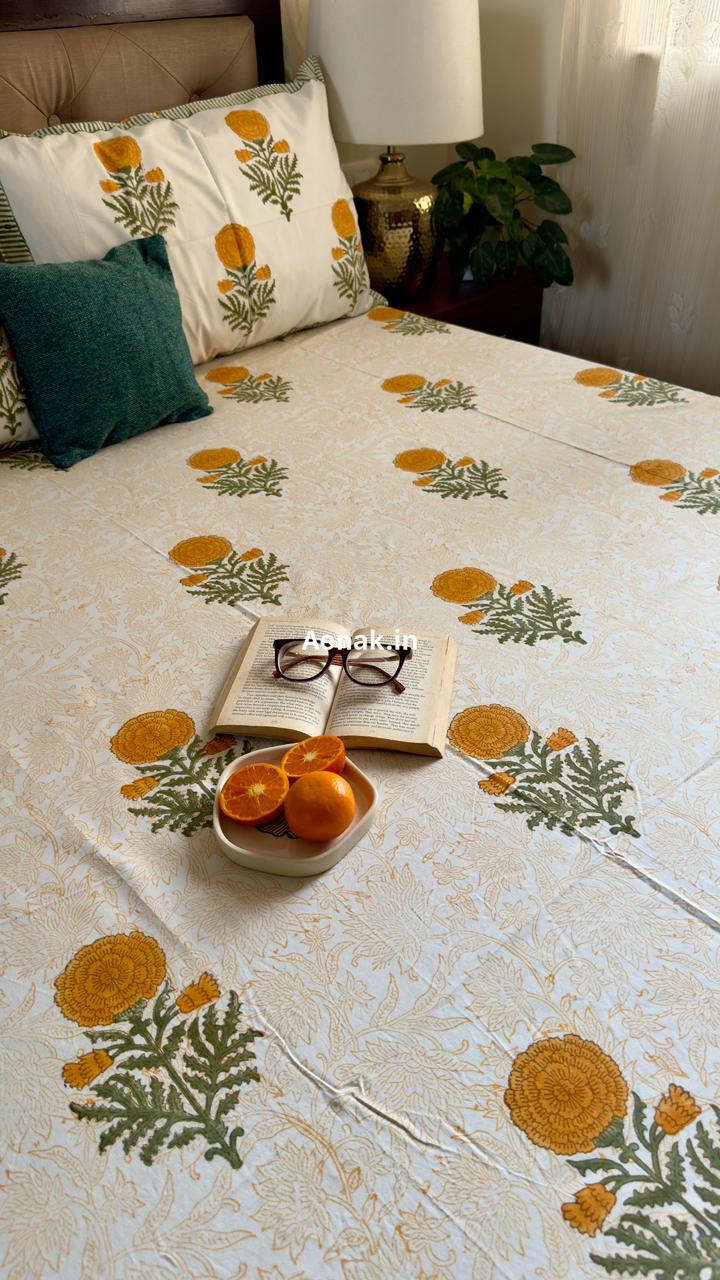 Yellow Marigold Paani Jaal Handblock Bedsheet + Dohar Combo Set