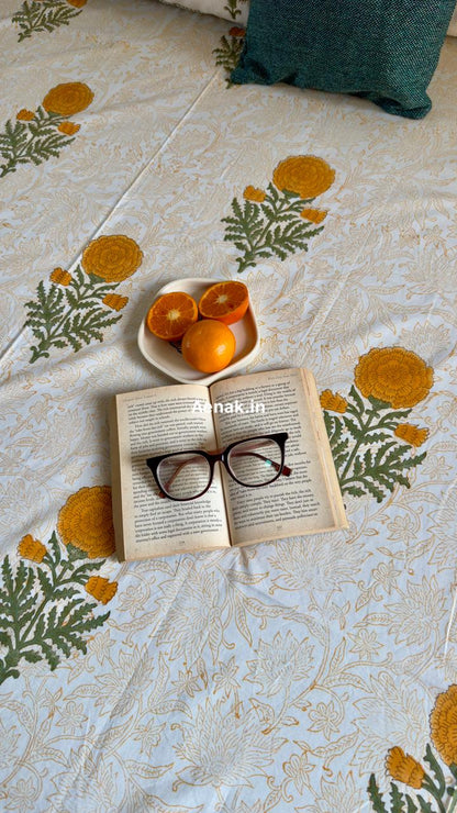 Yellow Marigold Paani Jaal Handblock Bedsheet + Dohar Combo Set