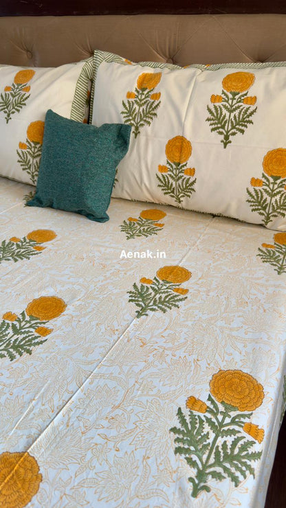 Yellow Marigold Paani Jaal Handblock Bedsheet + Dohar Combo Set